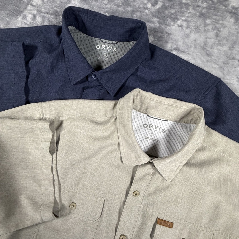 Lot Of 2 Orvis Shirt Mens XL Blue Tan Shirt Sleev Woven Tech Outdoor Flap Pocket